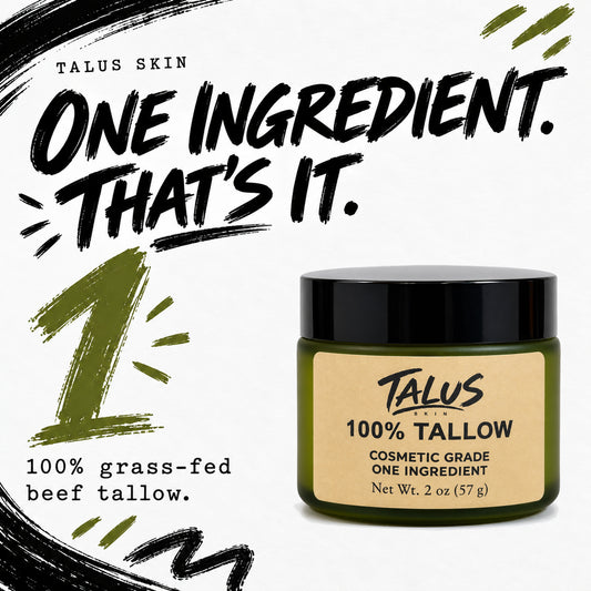 Talus 100% Tallow jar with one-ingredient grass-fed beef tallow message.