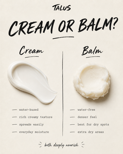 An informational comparison graphic for skincare products titled 'CREAM OR BALM?' by CADIA SKINCARE, showing a smear of white cream on the left and a dollop of white balm on the right with text describing their properties on a warm beige background.