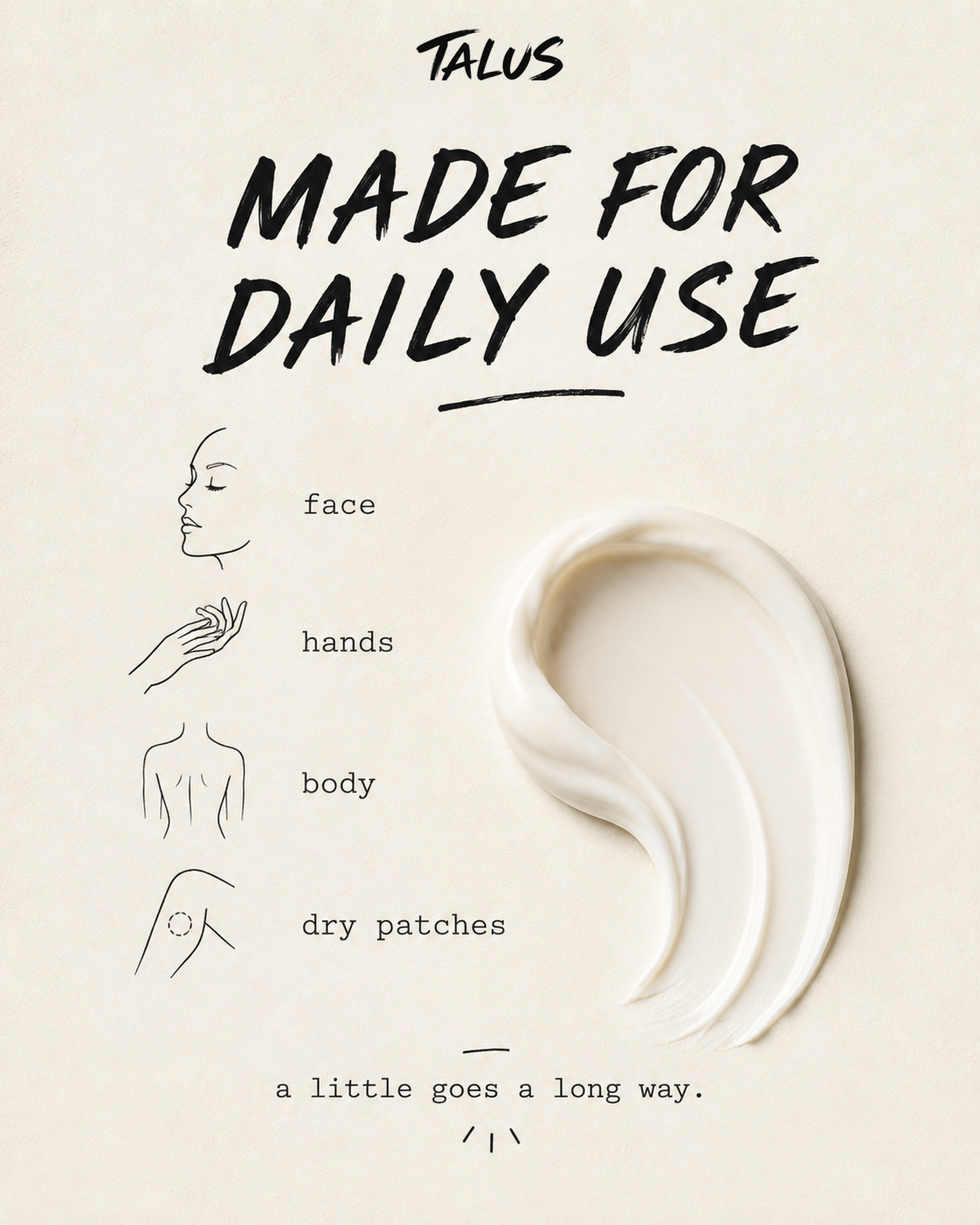 Cadia skincare promotional graphic on a warm cream background with the text 'MADE FOR DAILY USE' and icons showing use on face, hands, body, and dry patches, alongside a large swirl of white cream.