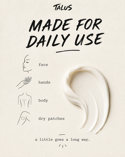 Cadia skincare promotional graphic on a warm cream background with the text 'MADE FOR DAILY USE' and icons showing use on face, hands, body, and dry patches, alongside a large swirl of white cream.
