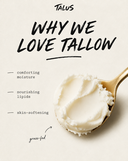 A promotional graphic for CADIA skincare featuring the text 'WHY WE LOVE TALLOW' and bullet points about comforting moisture, nourishing lipids, and skin-softening benefits. A close-up photo of creamy off-white tallow in a gold spoon is shown on a warm beige background.