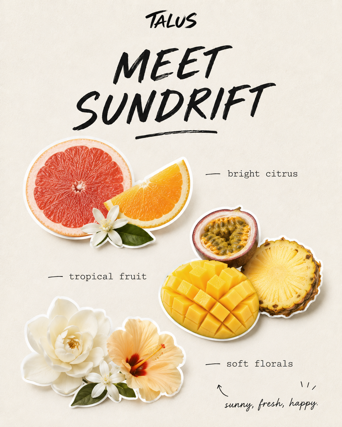 Cadia Skincare 'Meet Sundrift' fragrance concept art on a warm cream background, featuring illustrations of citrus fruits (grapefruit, orange, mango, pineapple), passion fruit, hibiscus flowers, and handwritten text labels.