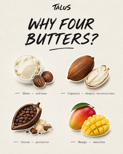 An informational graphic from CADIA SKINCARE titled 'WHY FOUR BUTTERS?' on a warm off-white background. It features four illustrated product depilatory butters arranged in a grid with their ingredients: Shea (softens), Cupuacu (deeply moisturizes), Cocoa (protects), and Mango (smooths).