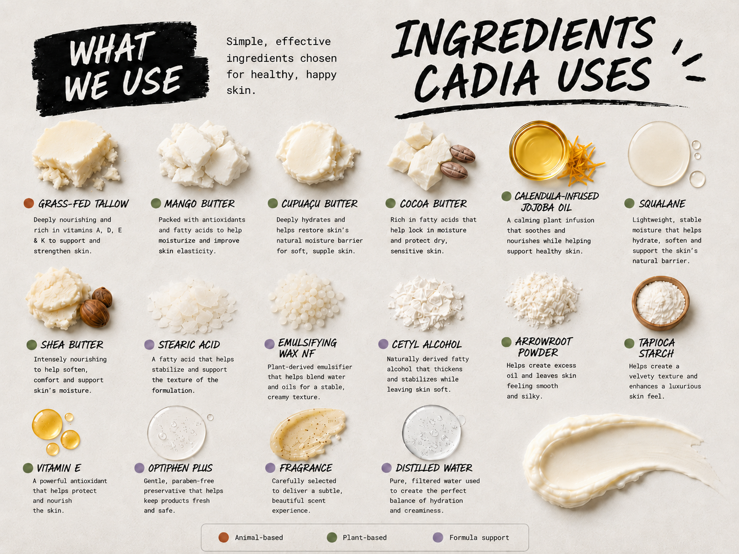 An infographic titled 'WHAT WE USE' and 'INGREDIENTS & CADIA USES' showing various cosmetic ingredients with photos, names, and color-coded labels on a light beige background.