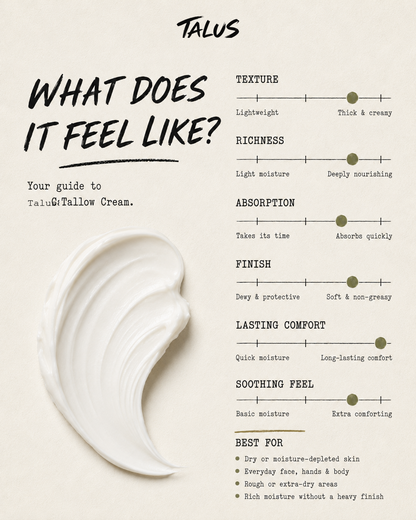 An informational graphic for Cadia Tallow Cream titled 'WHAT DOES IT FEEL LIKE?' on a warm beige background. It includes a large cream smear on the left and feature sliders for texture, richness, absorption, finish, lasting comfort, soothing feel, and best for use.