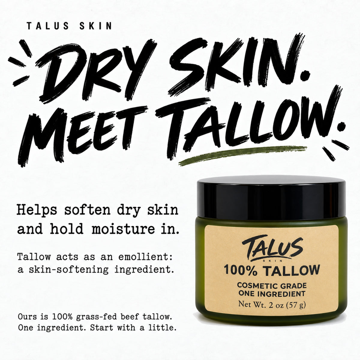 Talus 100% Tallow jar with dry-skin care information.
