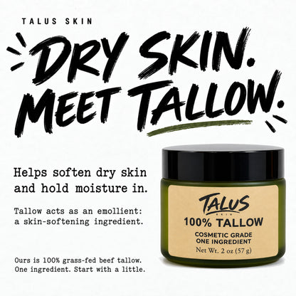 Talus 100% Tallow jar with dry-skin care information.