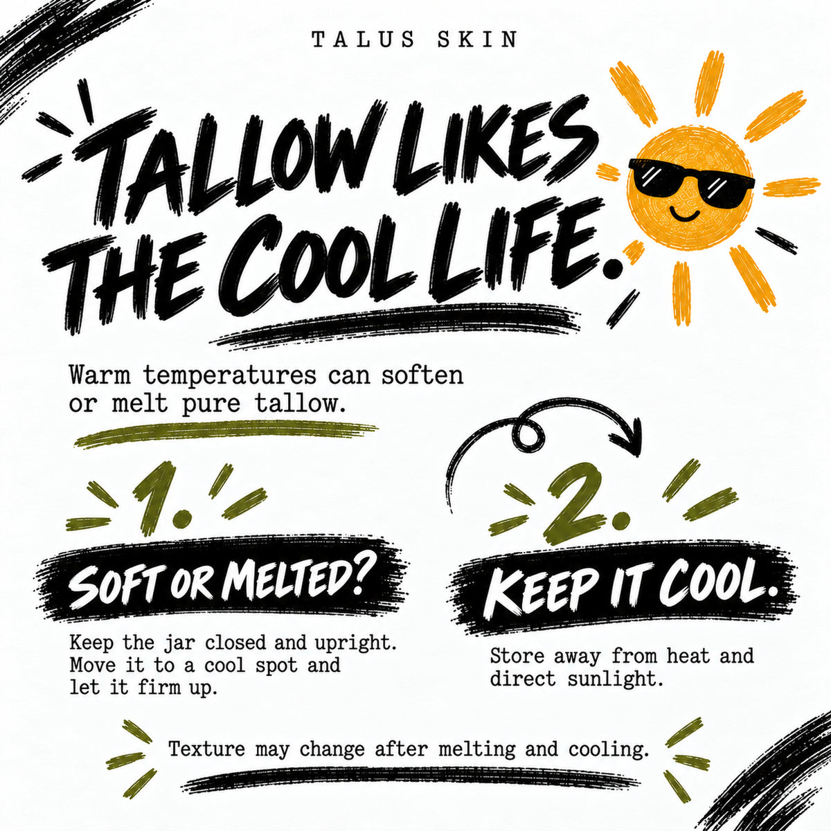 Talus tallow warm-weather care: keep closed, upright, and away from heat.