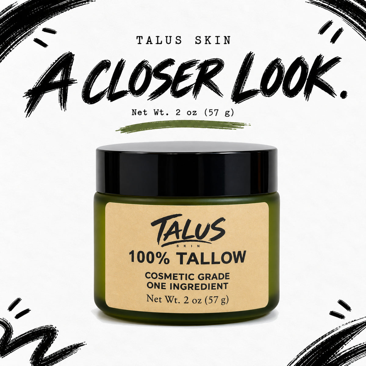 Talus Skin 100% Tallow jar with Net Wt. 2 oz (57 g) label.