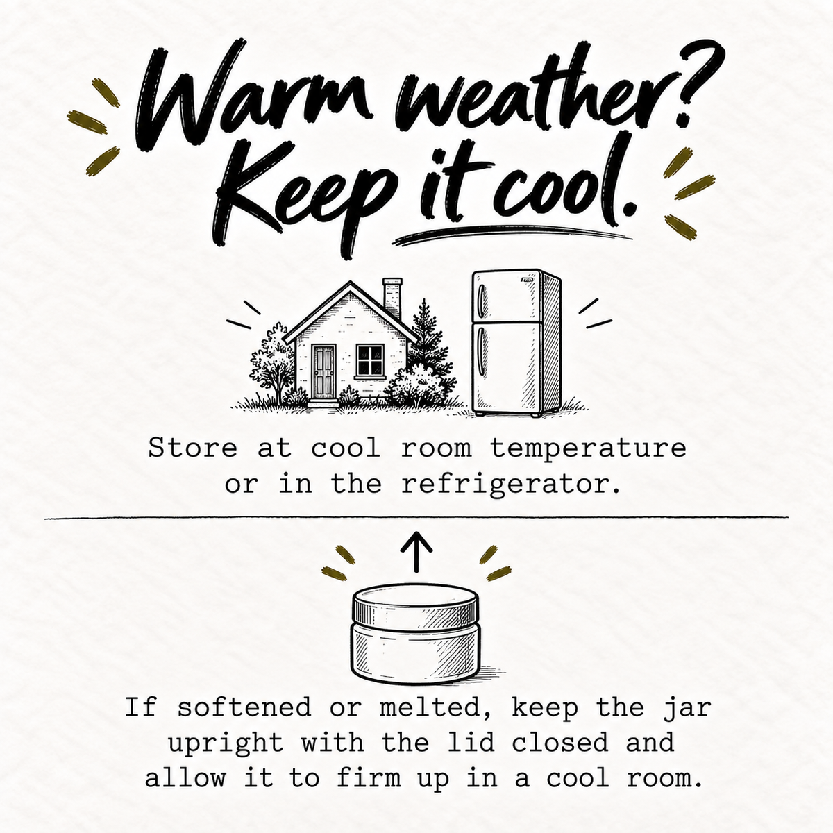 Talus Tallow Balm storage guidance for warm weather and softened balm.