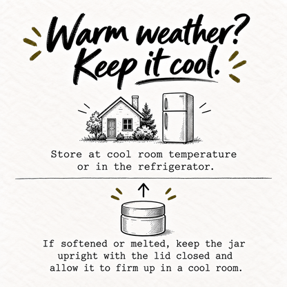 Talus Tallow Balm storage guidance for warm weather and softened balm.