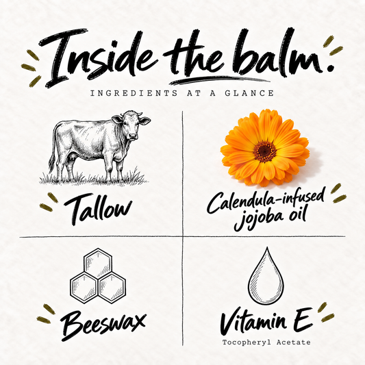 Tallow, calendula-infused jojoba oil, beeswax, and vitamin E ingredient guide.